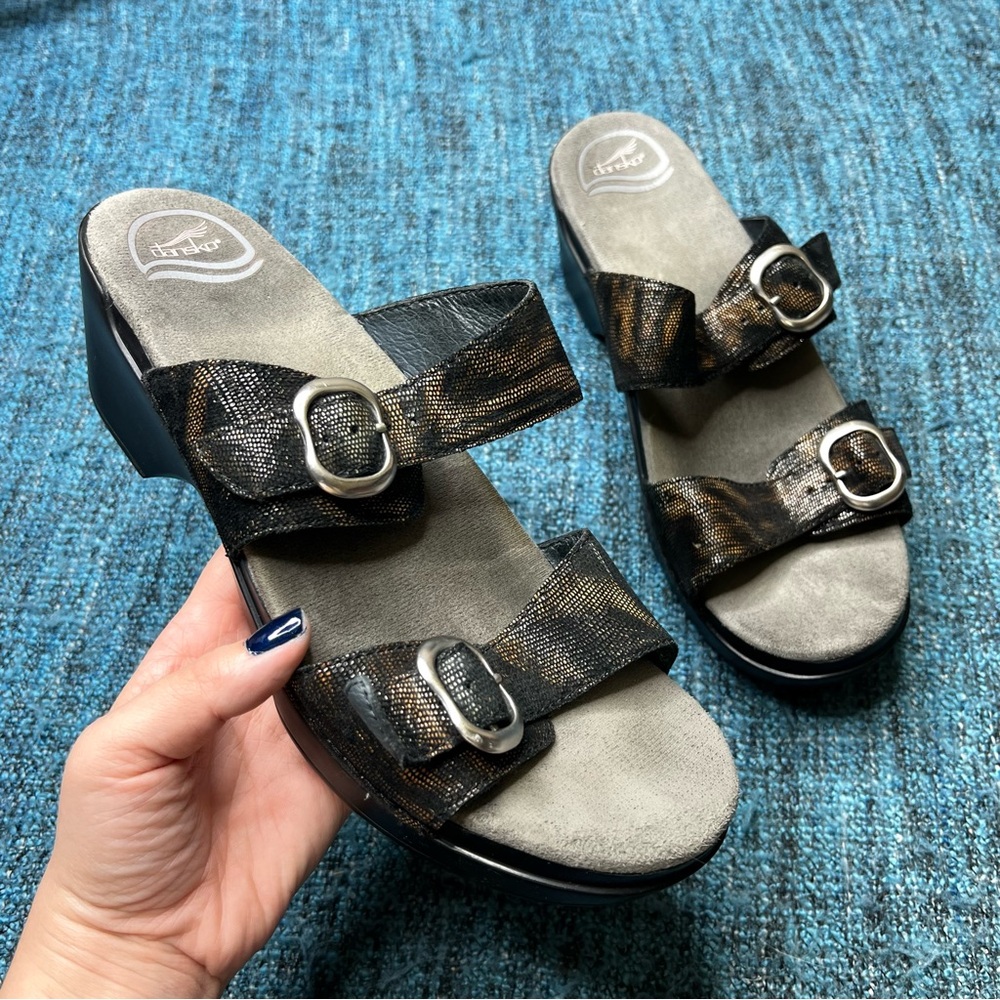 Dansko Sophie Slip on Lizard Print Leather Sandals in Black Orange 41 US 10.5-11